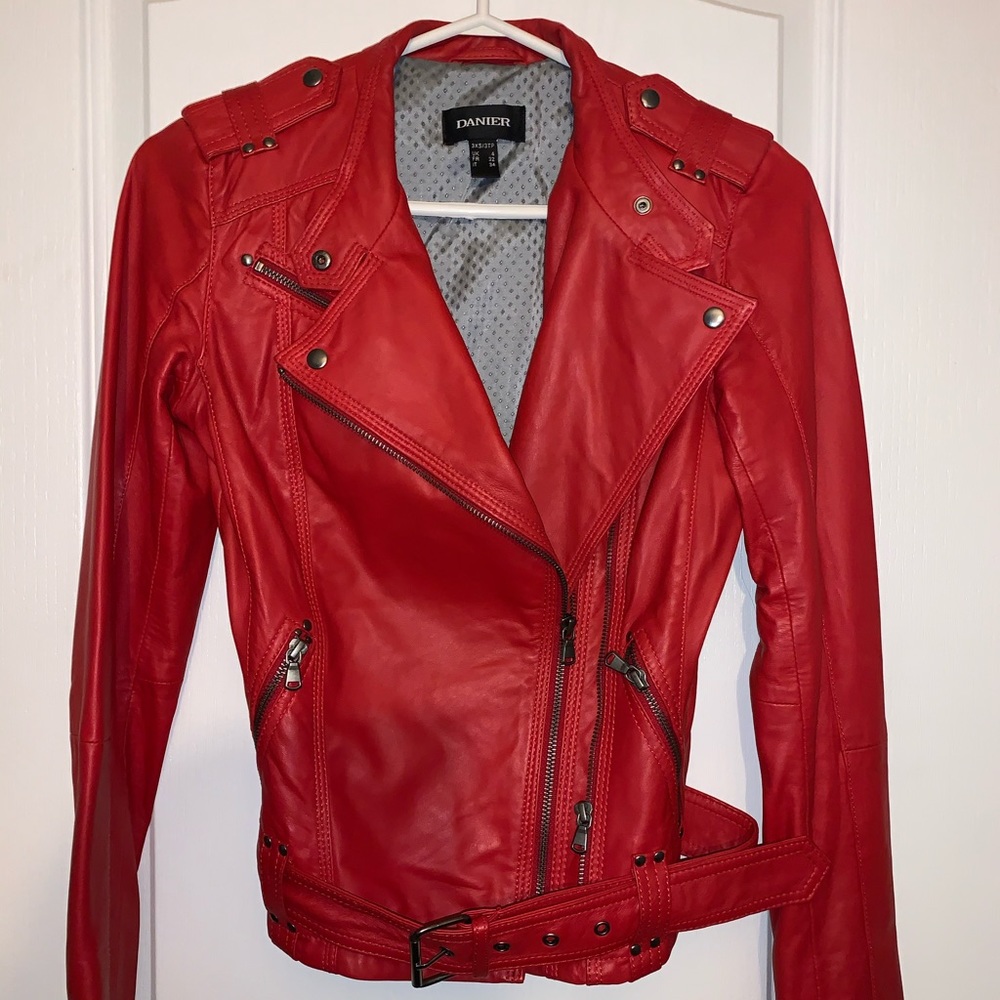 Danier Red leather motorcycle jacket